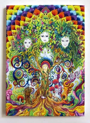 gwen davies, strength, new age pagan glycee print on canvas depicting a woodland spirit and the maiden, mother and crone